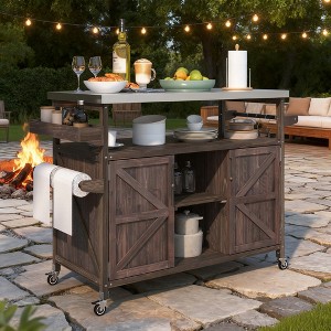 BAOURE Outdoor Kitchen Island with Stainless Steel Top, Farmhouse Solid Wood Grill Table with Spice Rack & Lockable Wheels - Dark Brown - 1 of 4