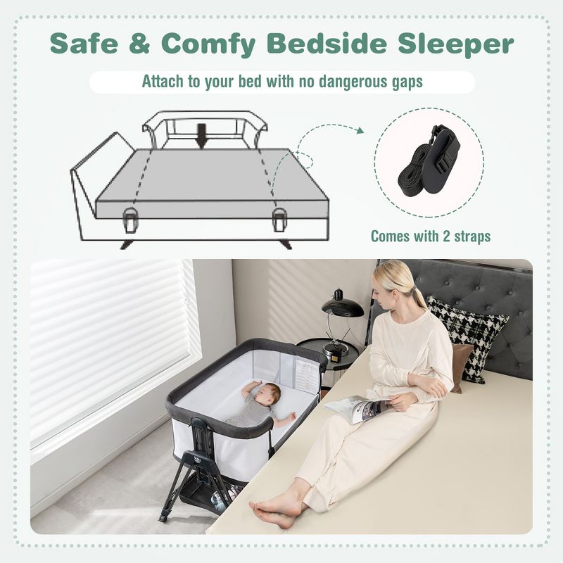 Babyjoy Baby Bedside Sleeper Bassinet with  Wheels & Storage Tray Folding Adjustable Crib, 5 of 11