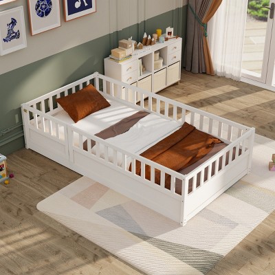Wood Floor Bed with Safety Fence, Pine Montessori Frame with Door for Kids Bedroom or Playroom Use - Baofuwish