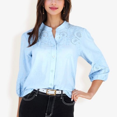 Anna-Kaci Women's 3/4 Sleeve Button Down Shirt With Embroidered Eyelet Details - X Large, Blue