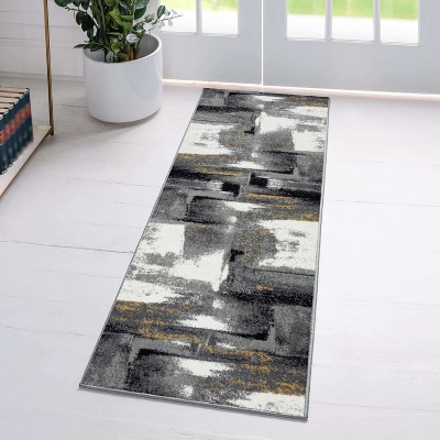 Gray 2x7 Abstract Brushstrokes Stain-Resistant Area Rug
