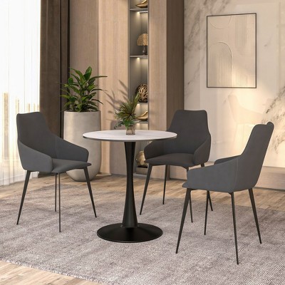 24" Round Marbled White MDF Dining Table with Black Steel Pedestal Base