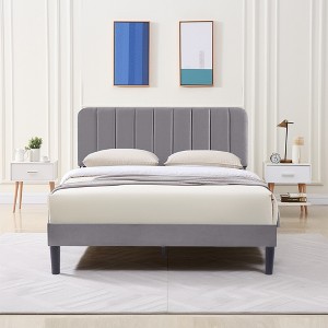 VECELO Velvet Upholstered Platform Bed Frame with Adjustable Headboard, Sturdy Wood Slat Support, No Box Spring Required - 1 of 4