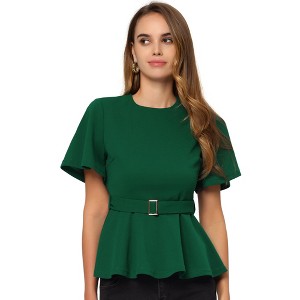 Allegra K Women's Round Neck Flutter Sleeve Belted Waist Office Peplum Blouse - 1 of 4