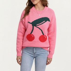 Anna-Kaci Women's Cherry Graphic Fuzzy Knit Sweater with Textured Soft Feel Ribbed Crew Neckline and Relaxed Long Sleeve Fit - 1 of 4