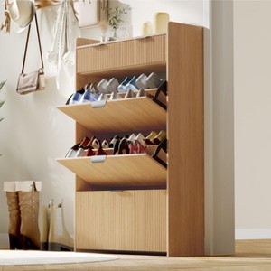 Modern Shoe Cabinet with 3 Flip Drawers & 2 Small Drawers & Hook, Slim Fluted Shoe Storage Organizer, Narrow Entryway Cabinet - 1 of 4