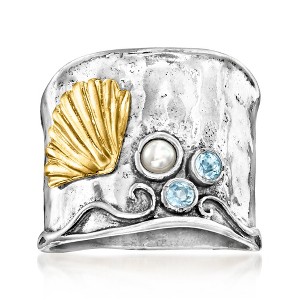 Ross-Simons 2.75-3mm Cultured Pearl and .10 ct. t.w. Swiss Blue Topaz Shell Ring in Sterling Silver and 18kt Gold Over Sterling - 1 of 4