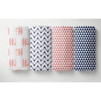 Bacati - Olivia Coral/Navy Muslin Buck/Feathers/Triangles Swaddling Blankets set of 4