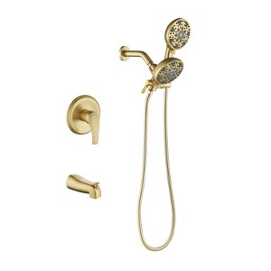 Cobbe Wall Mount Shower Faucet Kit Single Handle with 6 Settings ABS Dual Shower Head and Tub Spout with 59-Inch Hose and Valve Brushed Gold - 1 of 4