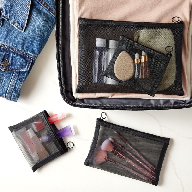 Glamlily 4 Piece Set Mesh Makeup Bags Set, Zipper Pouches for Cosmetics (Black), 2 of 10