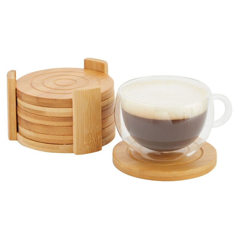 Juvale Bamboo Coasters Set of 6 with Holder for Coffee Table, Warm Beverages, 4.3 in, 3 of 8
