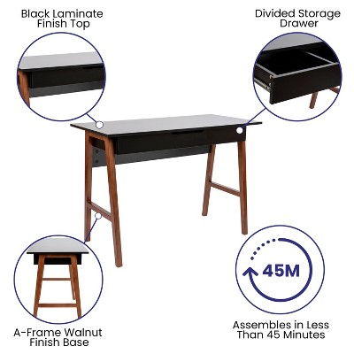 Black and Walnut Wood Writing Desk with Storage Drawer