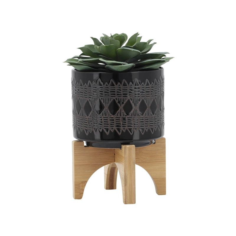 Sagebrook Home with Wooden Stand Aztec Ceramic Indoor Outdoor Planter Pot Black, 4 of 11