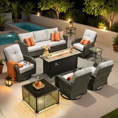 XIZZI Patio Furniture Sets for Outdoor Relaxation, Comfy 3.5-Inch Cushions & 360° Swivel Action for Extra Comfort, 9 Pcs/Set - Fire Pit Table, Gray
