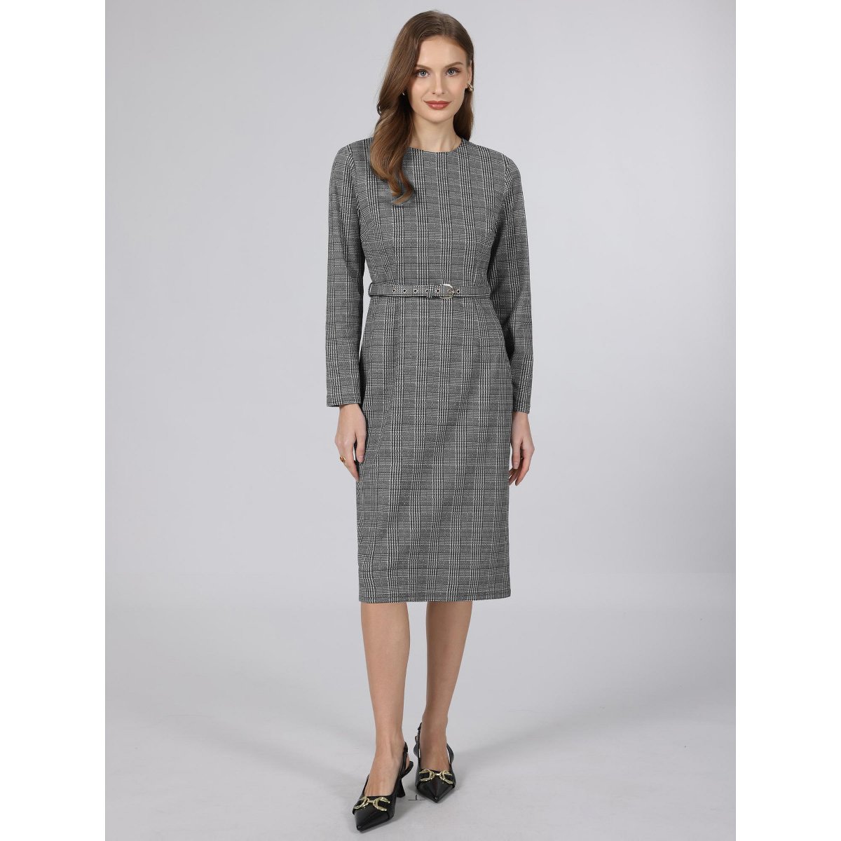 Женские платья INSPIRE CHIC Women's Houndstooth Plaid Long Sleeve Belted Business Office Pencil Dresses Small Grey Black — фото 2
