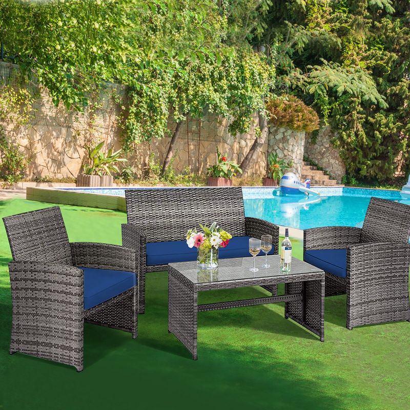 Costway 4PCS Patio Rattan Furniture Set Conversation Glass Table Top Cushioned Turquoise\Red, 1 of 13