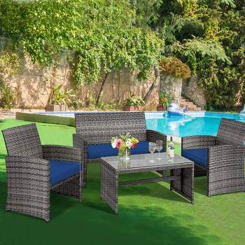 Costway 4PCS Patio Rattan Furniture Set Conversation Glass Table Top Cushioned Turquoise\Red