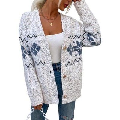 Coolmee Women's Fair Isle Cardigan Winter Ethnic Vintage Argyle Knit Outwear Sweater