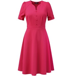 INSPIRE CHIC Women's Elegant V Neck Puff Short Sleeve Work Office Flared Dresses - 1 of 4
