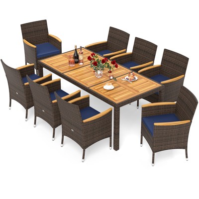Tangkula 9 Pieces Patio PE Wicker Dining Set Outdoor Acacia Wood Table & Chairs