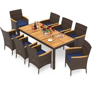 Tangkula 9 Pieces Patio PE Wicker Dining Set Outdoor Acacia Wood Table & Chairs - 1 of 4