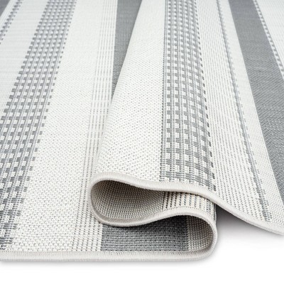 Gray and Cream Striped Synthetic 5' x 7' Indoor/Outdoor Rug