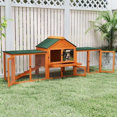 Sandinrayli 82.5in Wooden Rabbit Hutch - Outdoor/Indoor Easy-Assemble & Durable Hutch w/Cleaning Tray, Waterproof Roof for Small/Medium Bunny(Orange)