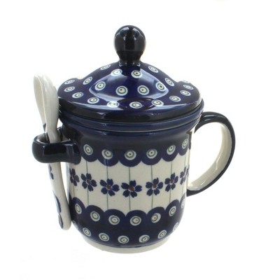 Blue Rose Polish Pottery Flowering Peacock Mug with Strainer & Spoon