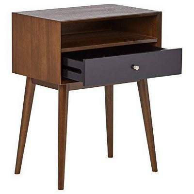 Calvin Mid-Century Brown Wood Side Table with Storage Drawer