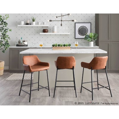 Daniella 33" Industrial Black Metal and Camel Faux Leather Counter Stools, Set of 2