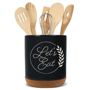 Elanze Designs Let's Eat Laurel Wheat Ceramic Cork Bottom Black Large Capacity Utensil Holder Crock for Countertop Storage, Stylish & Durable for - 1 of 4
