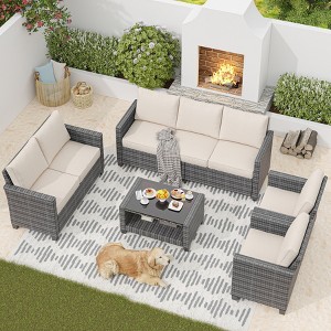 5-Piece Rattan Patio Furniture Set - 7-Seat Outdoor Furniture Sectional Sofa with Storage Table, Wicker Patio Furniture Set with Cushions - 1 of 4