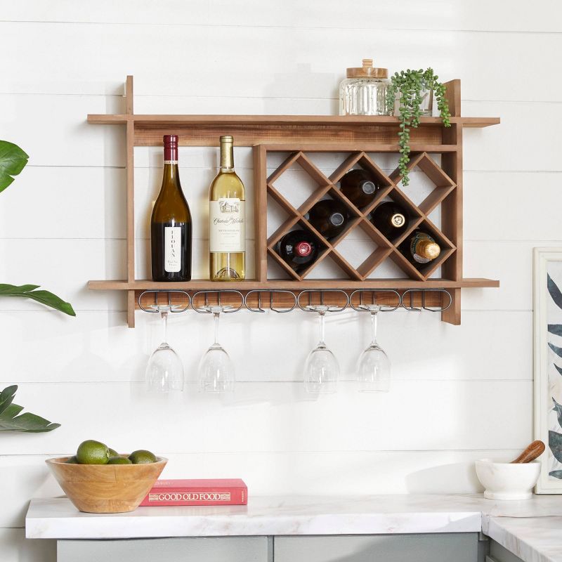 Wood Geometric 8 Bottle Slot Wall Wine Rack with 6 Glass Holder Slots Brown - Olivia &#38; May, 2 of 6