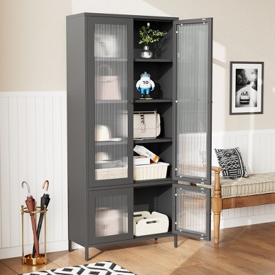 CAVINAS Bookcases for Living Room 4-tier 31" W Classic Metal Storage Cabinet Bookcase with 4 Glass Doors