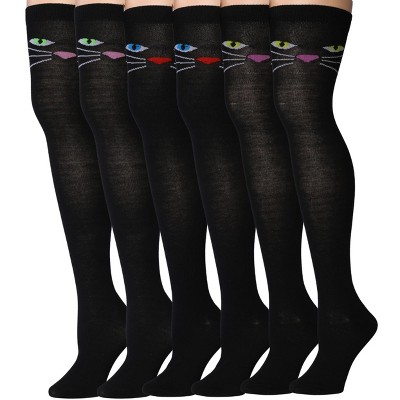 Isadora Paccini Womens 3 Pairs Monochrome Iconic Cat Faces Solid Black Pattern Over The Knee High Socks