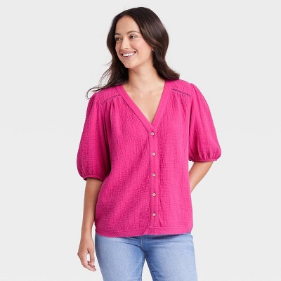 Women's Elbow Sleeve Gauze Button-Down Shirt - Knox Rose™