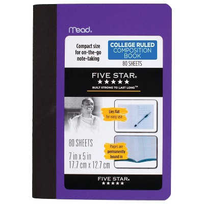 Five Star 5"x7" Composition Book Assorted Colors: Five Star Lined Paper, 80 Pages, Hard Cover, College Rule, Non-Toxic