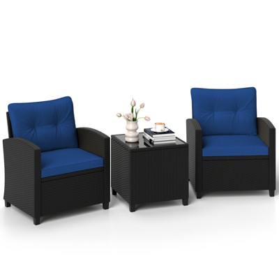 Tangkula 3 Piece Patio Furniture Set Rattan Conversation Set w/Soft Seat & Back Cushions Tempered Glass Topped Coffee Table Navy