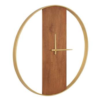 Kate and Laurel Ladd Round Metal Wall Clock, 24" Diameter, Walnut Brown and Gold