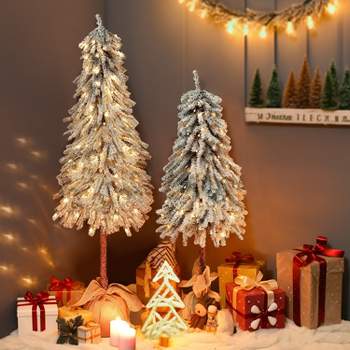 LuxenHome Set of 2 Pre-lit Snow-Flocked Potted Artificial Christmas Tree White