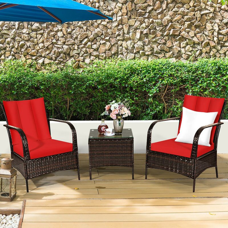 Costway 3 PCS Patio Rattan Furniture Set Coffee Table & 2 Rattan Chair W/Red Cushions, 4 of 11