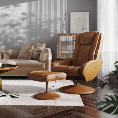 Brown Faux Leather Massaging Recliner with Ottoman and Metal Base