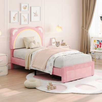 Full Size Bed Frame for Kids, Upholstered Platform Bed Frame with Adjustable Headboard & Led Light, No Box Spring Needed, for Kids' Room Nursery
