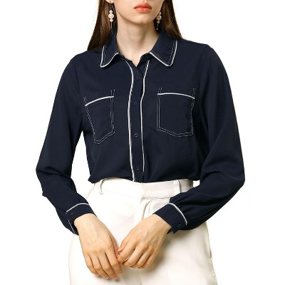 Allegra K Women's Long Sleeves Contrast Color Twin Pockets Button Down Shirt