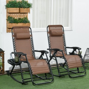 TIRAMISUBEST Set of 2 Zero Gravity Rocking Chairs Outdoor - Foldable Reclining Lounge Chairs with Pillow, Cup Holder & Phone Pocket (Brown) - 1 of 4
