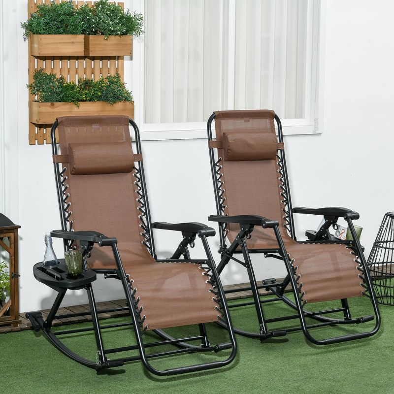 Outsunny 2 Outdoor Rocking Chairs Foldable Reclining Zero Gravity Lounge Rockers w/ Pillow Cup & Phone Holder, Combo Design w/ Folding Legs, Brown, 2 of 7