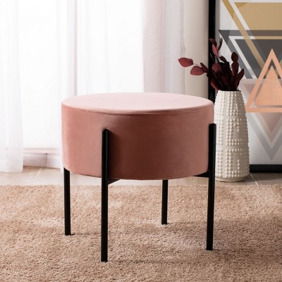 Lisbon 20" Dusty Rose Velvet Round Ottoman with Black Metal Legs