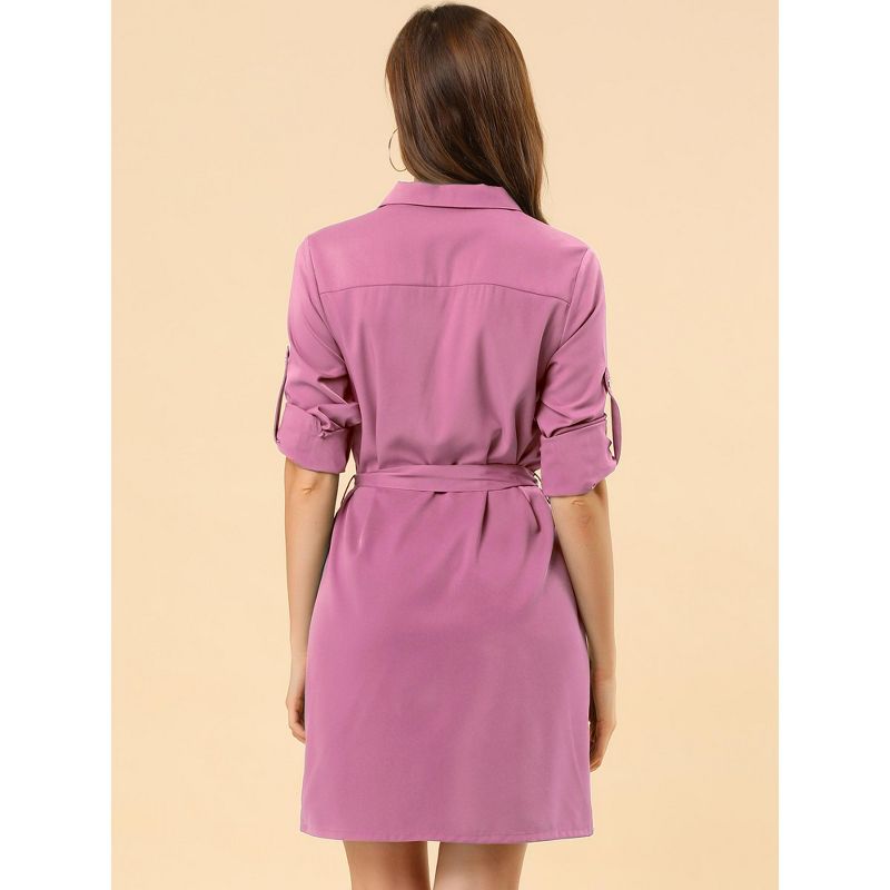 Allegra K Women's Roll Up Sleeves Multi-Pocket Knee Length Belted Shirt Dress, 5 of 8