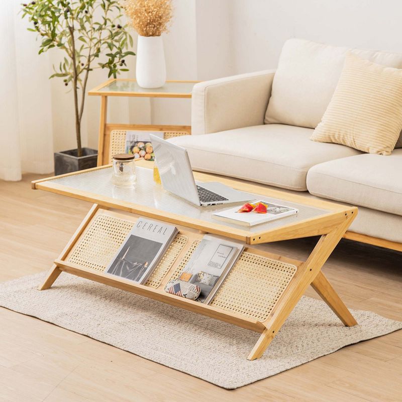 Costway Bamboo Coffee Table 48'' 2-Tier Glass Tabletop Handwoven Rattan Storage Shelf, 2 of 11