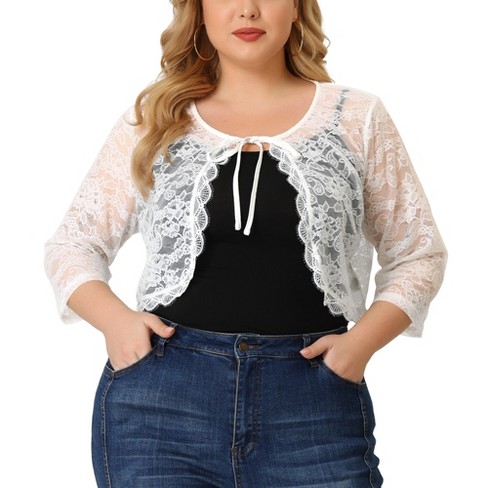Agnes Orinda Women's Plus Size Shrug 3/4 Sleeves Lace Tie Neck Crop Bolero Cardigan  White 4x : Target